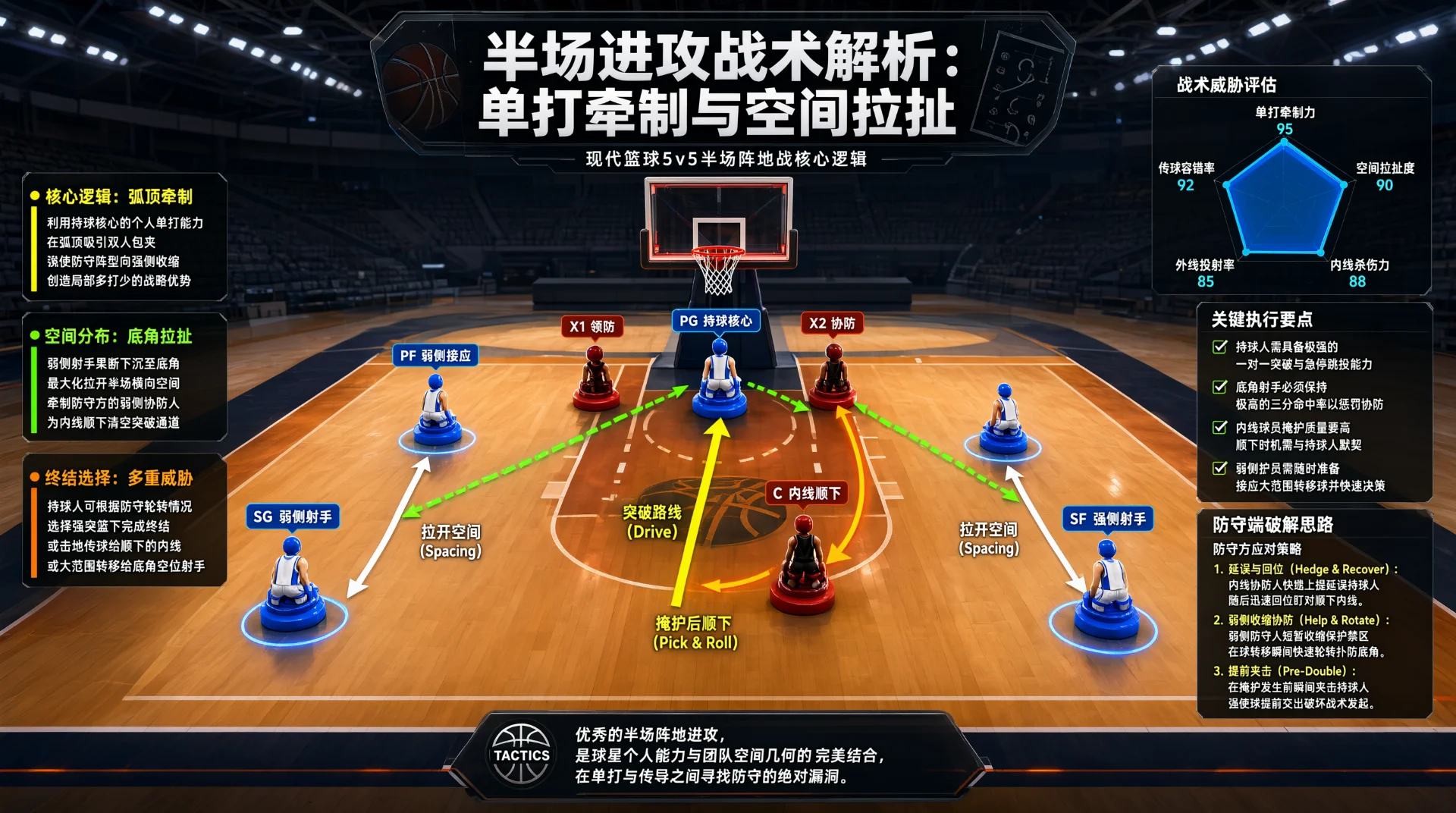 半场篮球战术图：弧顶蓝色持球棋子遇两名红色防守棋子，黄色箭头示突破与顺下路线，绿色箭头连向底角与侧翼蓝色射手，白色箭头示拉开空间；旁附文字说明与五边形评估图。